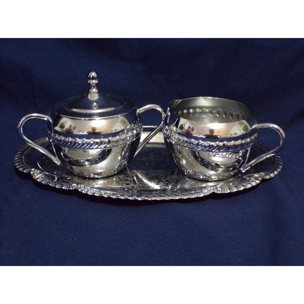 Irvinware Chrome Plated  Creamer ‎ 6oz & 3/4 Cup Sugar Oval Underplate Victorian